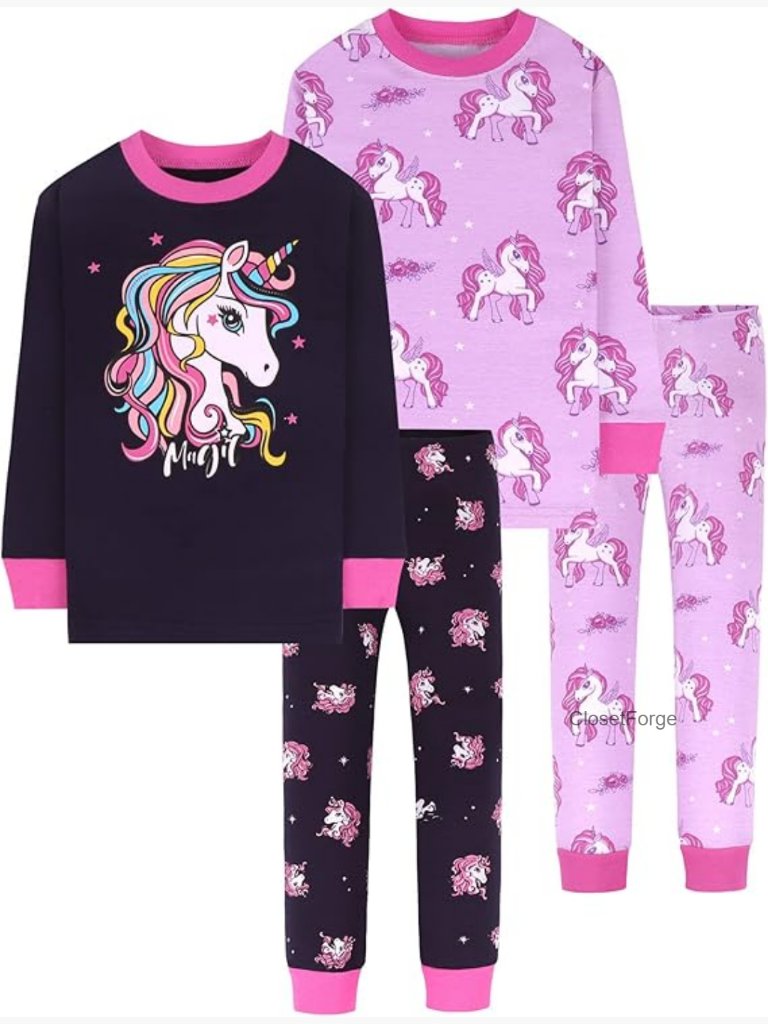 Girls 4-Piece Cotton Pajama Set Long Sleeve Crew Neck Elastic Waist Snug Fit